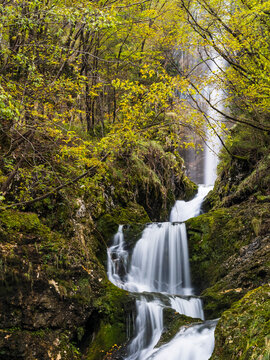 Goriuda waterfall cascades down mossy rocks in autumn, representing a prime nature tourism destination for exploration located at Goriuda waterfall, Julian Alps, Chiusaforte, Friuli, Italy.