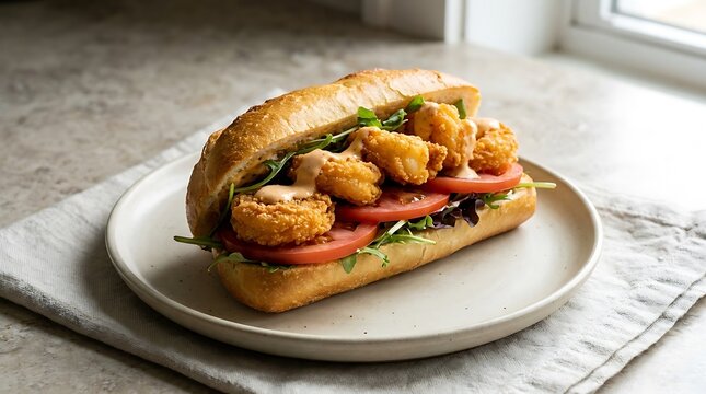 Fresh chicken sandwich with tomato and green salad served on a ceramic plate in a bright home kitchen. shrimp po boy