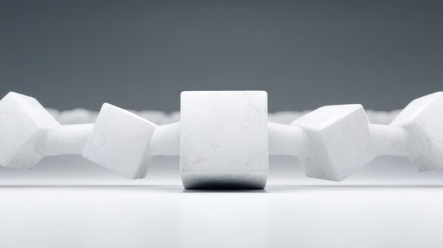 Abstract Composition of White Geometric Blocks and Cubes on Smooth Surface with Gray Background