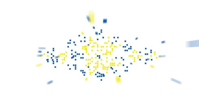 Animated Ukrainian Pixel Ornament Breaking Apart into Rising Square Pixels, Blue and Yellow Vyshyvanka Pattern Dissolving Upward, Traditional Folk Motion Graphic on White Background