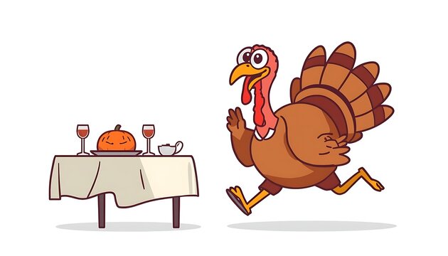 A cartoon turkey with wide eyes running away from a dinner table set with pumpkin pie and wine glasses, on a white background.