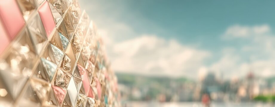 Close-up of a colorful geometric mosaic wall with a blurred cityscape and blue sky in the background