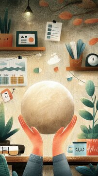 Hands Holding a Globe in a Creative Workspace with Plants and Office Supplies in a Warm, Artistic Illustration