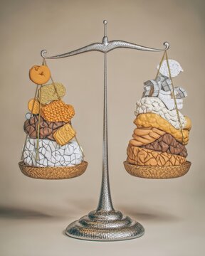 Artistic Scale Balancing Artistic Objects on a Metal Stand with Various Textured Materials and Shapes