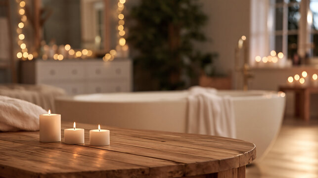 Tranquil Spa Ambiance: Soft candlelight flickers across a rustic wooden table, illuminating a luxurious bathroom setup with a deep soaking tub and plush towels.