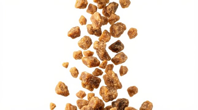 Brown jaggery chunks falling against white background