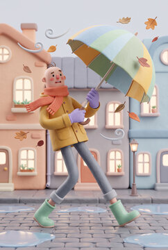 Cute stylized character walking with umbrella among falling autumn leaves for seasonal poster and social media background
