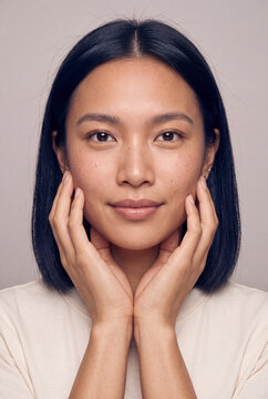 Closeup natural young woman face portrait with clear skin for skincare banner and beauty product advertisement background