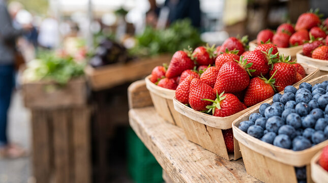 Fresh strawberries and blueberries in cardboard baskets on a wooden table at an outdoor farmers market for vibrant fruit display and banner background