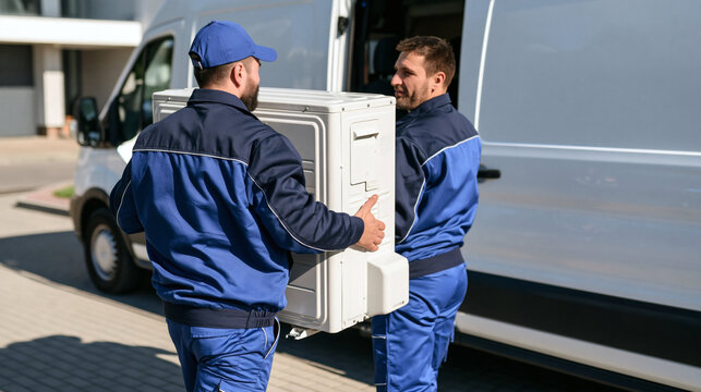 Delivery Team Expertise: Two uniformed workers, with smiles of diligence, carefully carry a large appliance from a white van. The sun casts a pleasant light on their work.