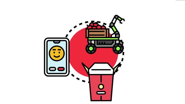 Concept app based meal pickup and delivery featuring a smartphone interface. An autonomous robot carrying a crate of fresh produce