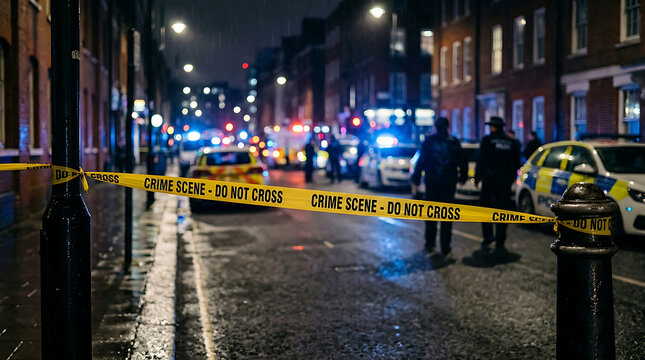 Police tape cordoning off a city street at night.
