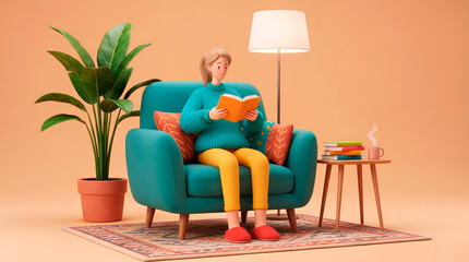 Fototapeta premium 3D illustration of a cozy young woman reading a book while sitting in a turquoise armchair at home. Cute cartoon character in a knitted sweater, with a floor lamp, potted plant, stack of books and a s