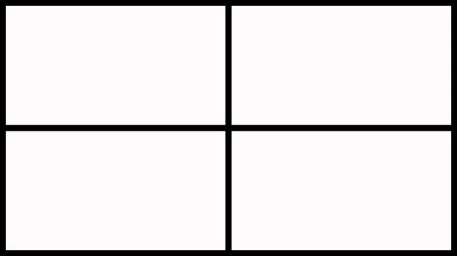 Transition elements for four window frame grid animation on white transparent background. Split screen 2D motion graphics animation elements with alpha channel