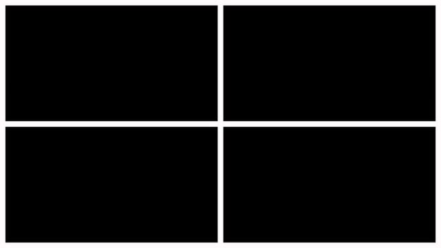 Transition elements for four window frame grid animation on black transparent background. Split screen 2D motion graphics animation elements with alpha channel