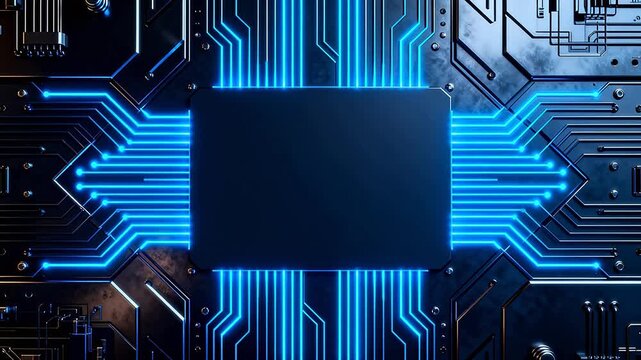 Circuit board with glowing blue lines