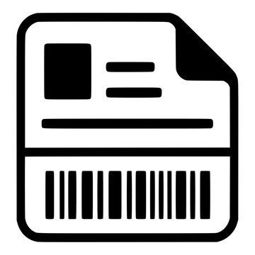 Shipping label document with barcode and folded corner, black vector silhouette for Logistics, Delivery and E-Commerce Packaging