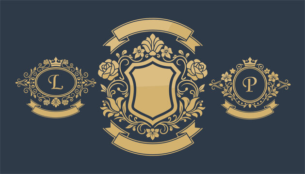 Gold heraldic shields and floral frames with monogram letters L and P elegantly displayed on a dark blue background.