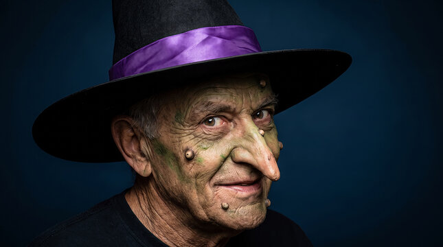 Portrait of older man wearing creepy witch makeup and hat