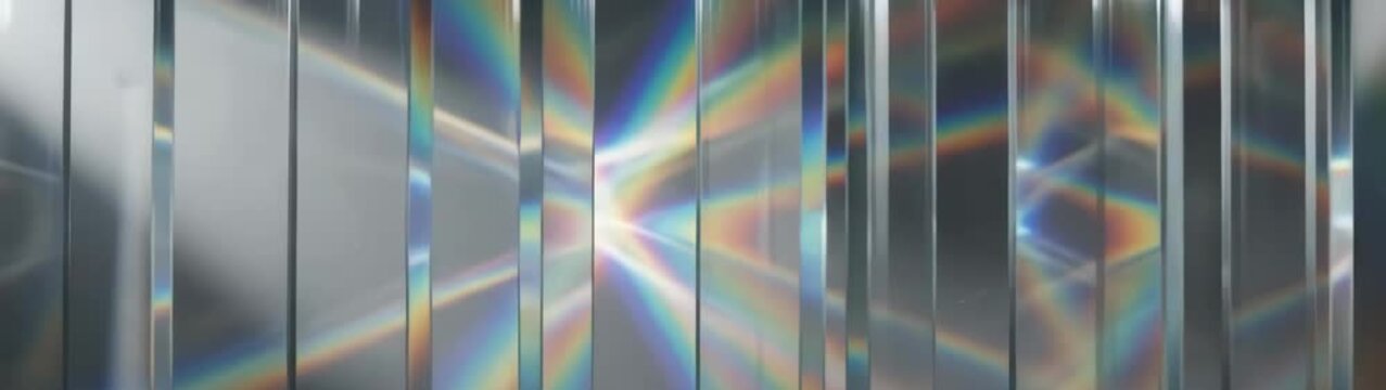 Glass panels refracting white light creating a beautiful spectrum pattern and dispersion effect on a dark surface.