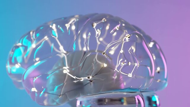Transparent glass brain sculpture glowing with cyan and magenta studio light, resting on reflective base against soft blue violet backdrop, futuristic medical concept with clean detail
