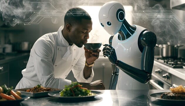 Futuristic chef collaborating with AI recipe assistant tasting cooked food. Concept of smart culinary technology and AI recipe.