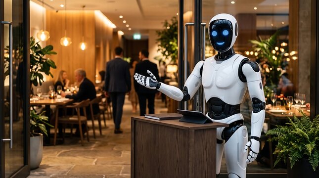A humanoid robot with a friendly blue-eyed face stands at the entrance of a modern restaurant, welcoming guests.