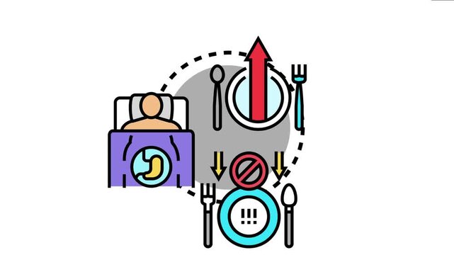 Appetite changes impacting a person, showing an upward arrow for increased hunger and a downward arrow with a stop sign for decreased desire to eat, depicting health conditions