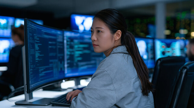 Cybersecurity Specialist: A focused female cybersecurity expert intently studies complex data displayed on multiple computer screens in a modern command center, her concentration evident.