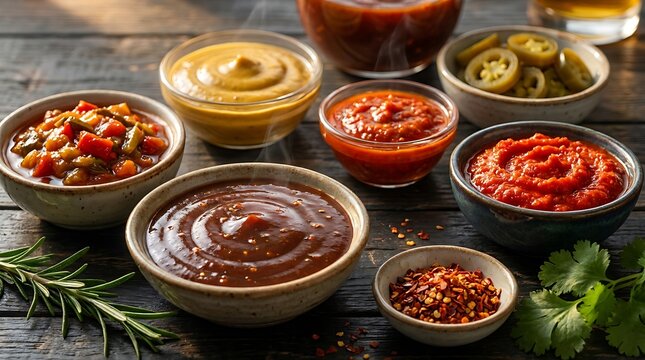 Variety of delicious spicy sauces and dips in small bowls on a dark rustic wooden table for dinner. BBQ condiment ideas