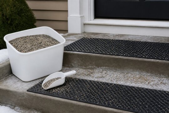 Residential front steps prepared for ice with mineral traction grit and rubber treads for cold weather preparedness and property protection content