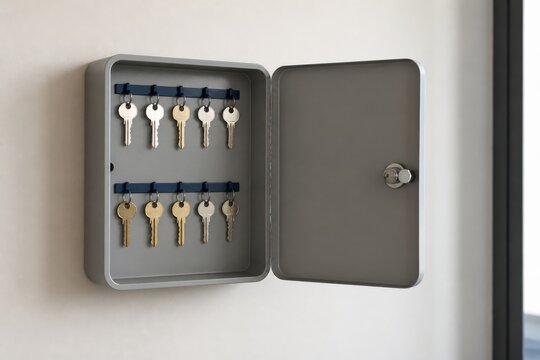 Open locked key cabinet with unmarked keys organized on solid color hooks for residential security and property protection content
