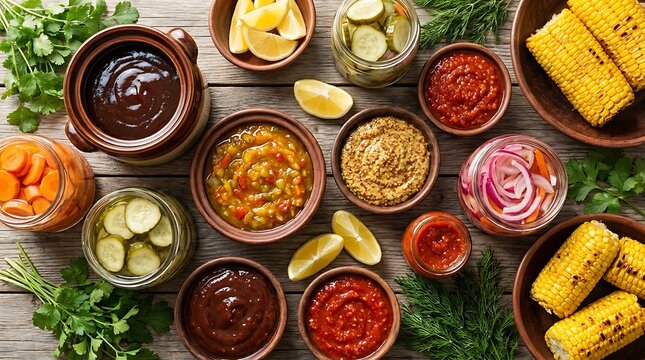 Top view of delicious mexican food dishes with corn salsa and sauces on a dark wooden table background. BBQ condiment ideas