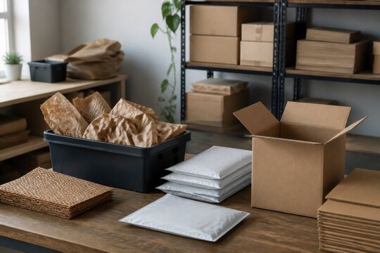 Low waste shipping station sorting paper padding, reusable mailers and plain cartons for retail efficiency and ecommerce operations content