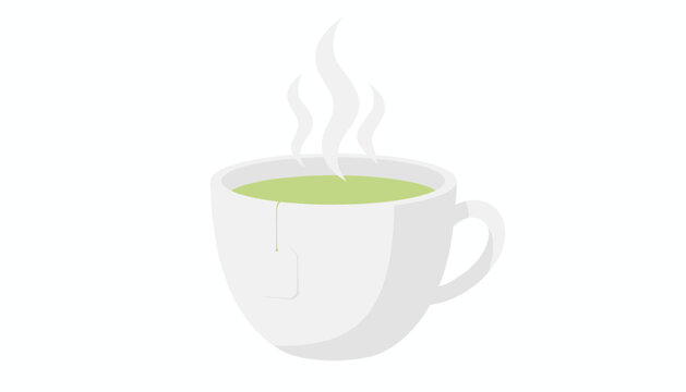 Flat vector design of a cozy white ceramic mug filled with hot steaming green tea and a tea bag on a white background.