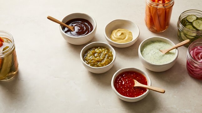 Various colorful sauces and dips served in small bowls with wooden spoons for a tasty food spread. BBQ condiment ideas