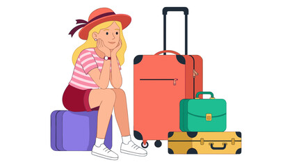 Cute girl sitting on suitcase waiting with her luggage suitcases bags ready for travel vacation vector cartoon illustration isolated on white