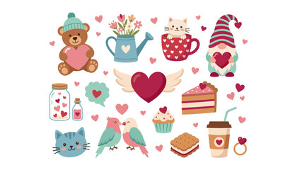 Naklejka premium Cute Valentines Day clip art collection with teddy bear gnome love birds cat flowers cake hearts and sweets vector illustration