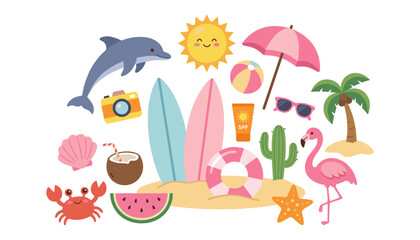 Fototapeta premium Cute summer beach vacation elements vector illustration collection set with tropical flamingo dolphin surfboard palm tree isolated on white background