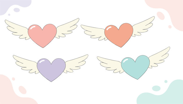 Collection of four cute hand-drawn hearts with angel wings in soft pastel colors of pink, peach, purple, and blue.