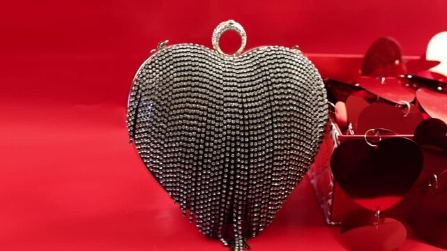 Heart shaped purse with diamant&eacute; tassels next to a gift box full of red reflective hearts on a red background in studio celebrating Valentine&rsquo;s Day.