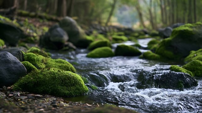 A serene forest stream flows gently over moss covered rocks under soft natural light with blurred background trees