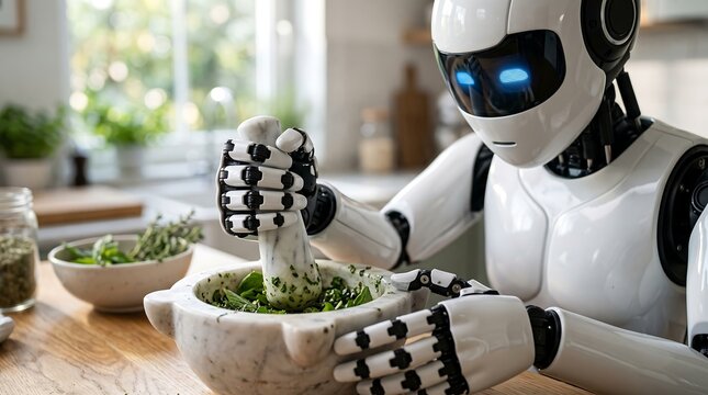 A futuristic robot with glowing blue eyes meticulously grinds herbs in a mortar and pestle in a bright, modern kitchen.
