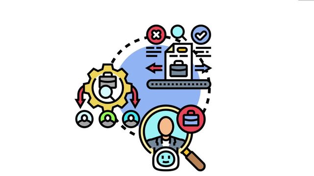 Applicant screening system icon representing candidates being reviewed, sorted, and selected through an automated process, filtering qualified individuals for employment opportunities