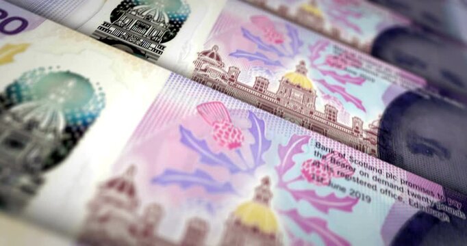 Scotland pound sterling Scottish money banknote loop. Scotch 20 GBP money texture. Concept of economy, business, crisis, banking, recession, debt and finance. Moving over note loopable seamless 3d.