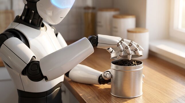 A white and black robot with a blue light on its head is carefully tending to a small plant in a metal pot on a wooden countertop.