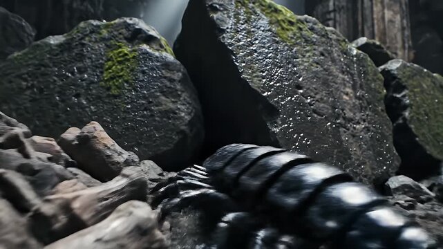 Close-up of a large black insect with bulbous eyes on a wet, rocky ground, cinematic lighting