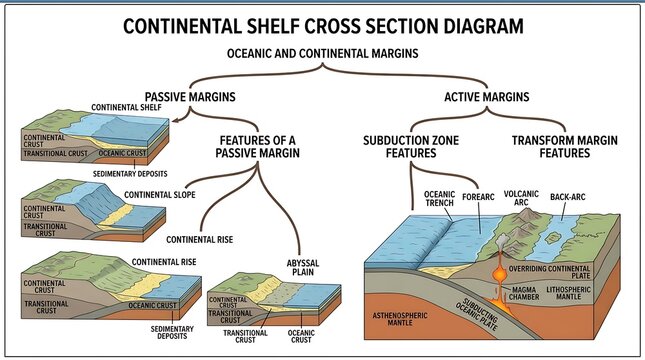Continental shelf cross section diagram with passive and active margins