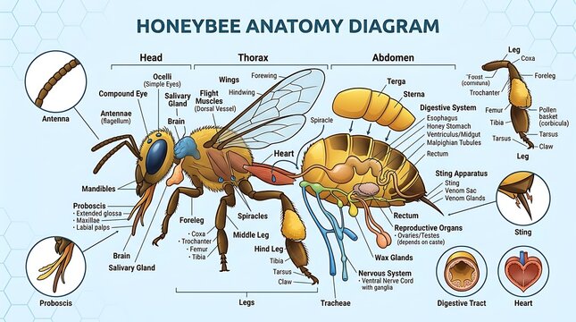 Honeybee anatomy diagram with detailed internal and external labels