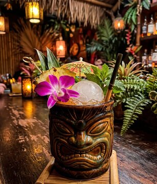 A tropical Mai Tai, bursting with color around a large, cloudy ice sphere, garnished with a vibrant orchid and a pineapple wedge, served in a tiki mug. The backdrop is a lush, dimly lit tiki bar